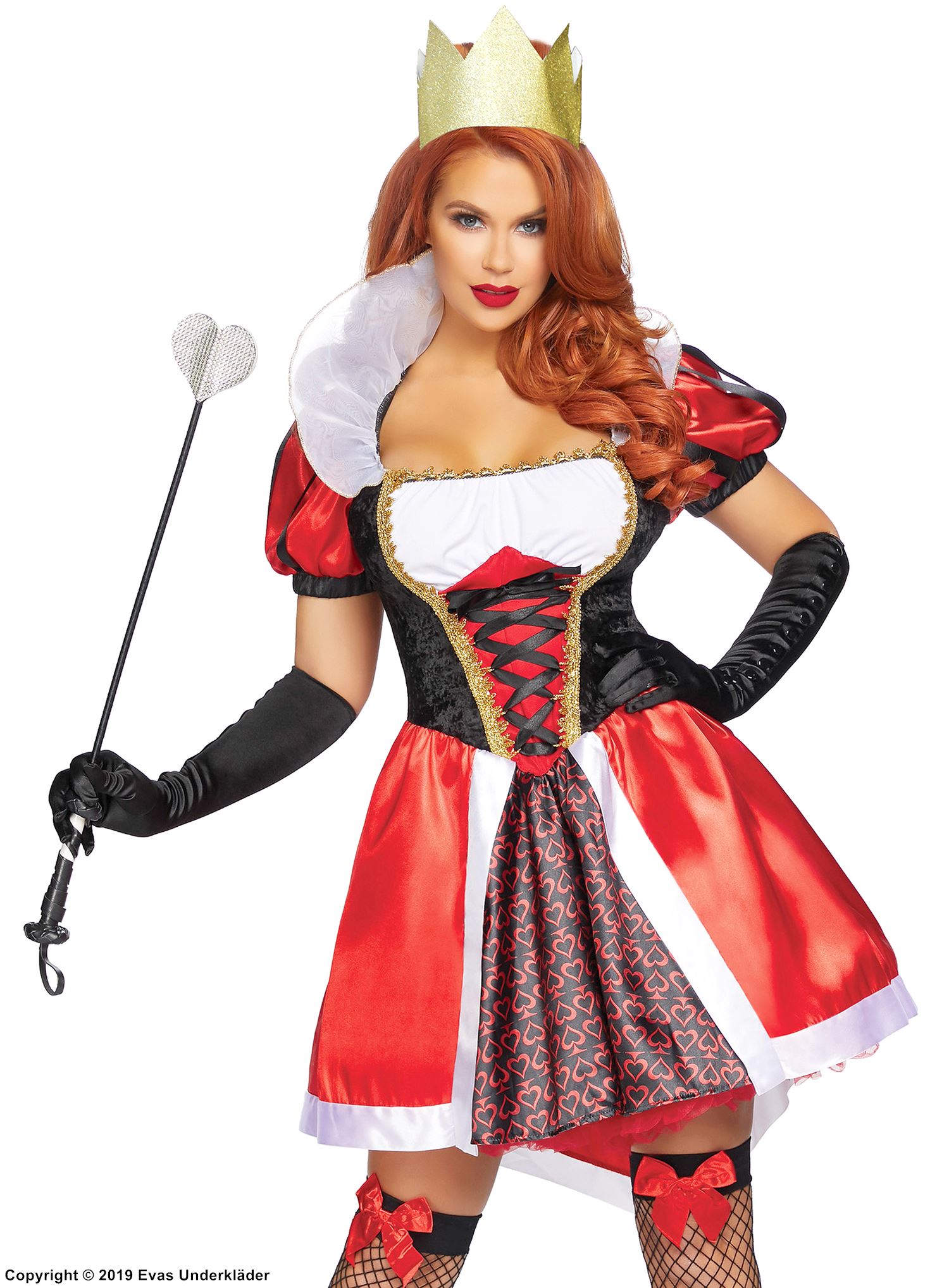 Queen of Hearts from Alice in Wonderland, costume dress, lacing, velvet, puff sleeves, hearts
